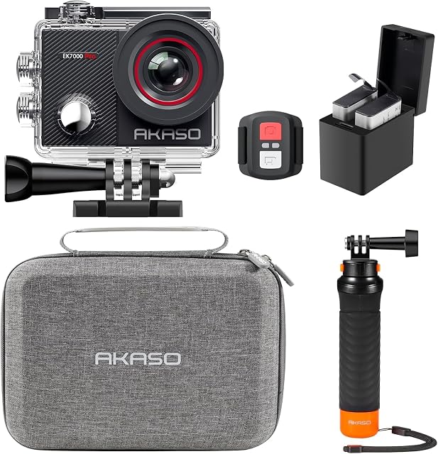 Action cam AKASO EK7000 Pro con impugnatura galleggiante, custodia impermeabile e borsa da trasporto