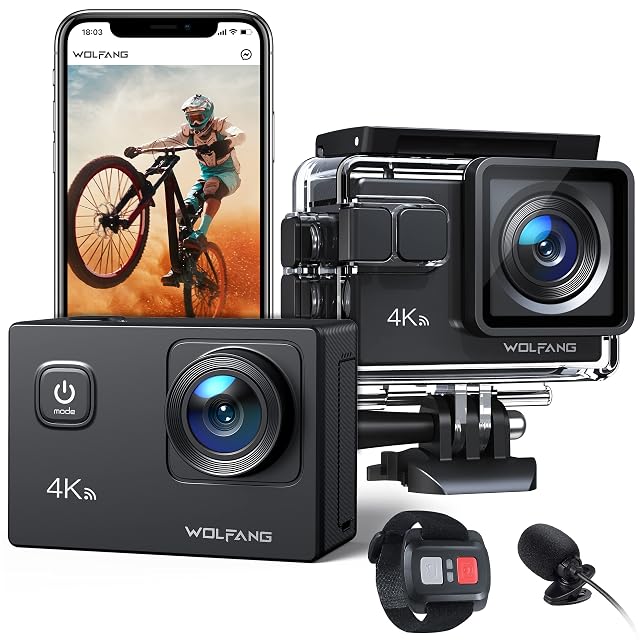 Action cam WOLFANG GA100 con custodia impermeabile, telecomando, microfono e due batterie