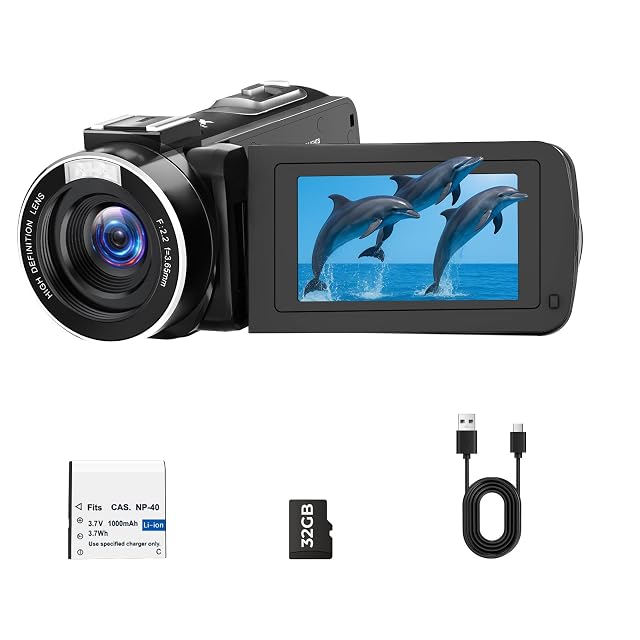 Videocamera nera CAMWORLD AC25 con lo schermo aperto e la luce LED in alto