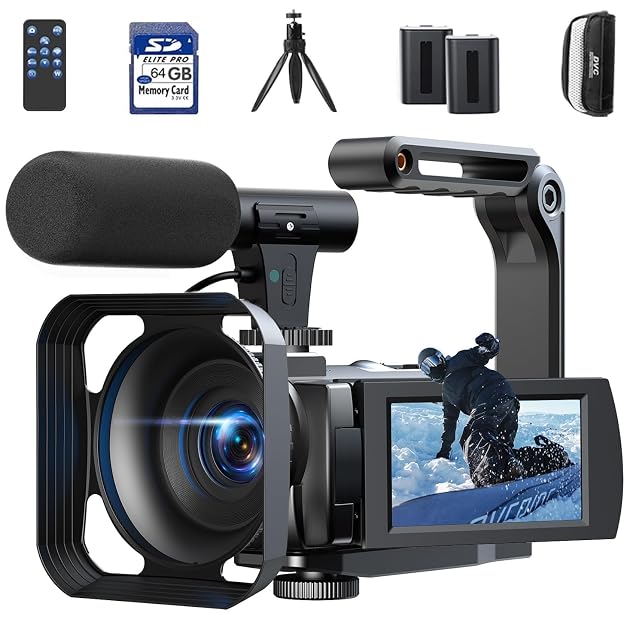 Videocamera nera FIREFOTO AC12C con stabilizzatore a mano pieghevole e telecomando