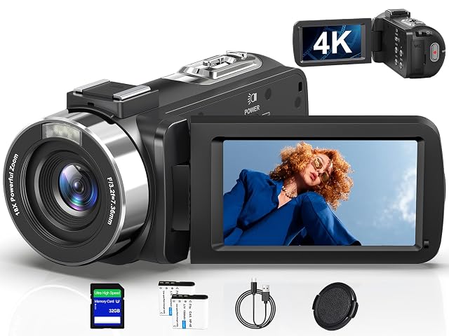 Videocamera nera PITIKI V112 con schermo ribaltabile e presa per microfono