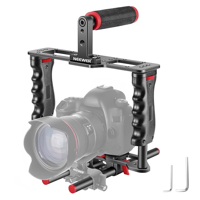 Gabbia per fotocamera universale NEEWER nera e rossa con due impugnature e aste da 15 mm