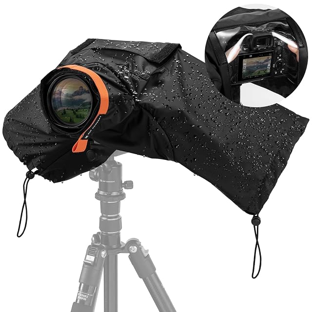 Copertura antipioggia K&F Concept con la finestra trasparente in TPU sopra lo schermo di una fotocamera