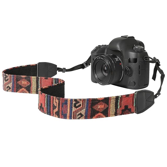 Tracolla fotografica MoKo in cotone con motivo vintage ed estremità in pelle