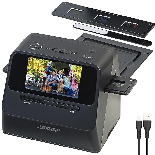 Scanner Somikon SD-1700 sulla sua piastra base con una fotografia sotto