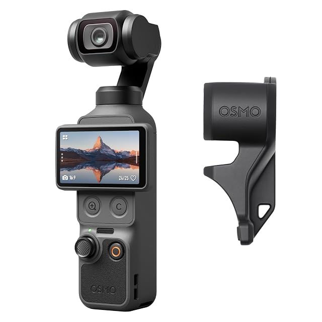 Fotocamera con gimbal tascabile DJI Osmo Pocket 4 in verticale con lo schermo rivolto in avanti