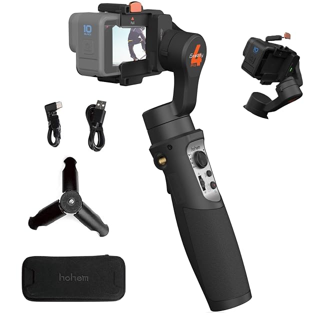 Gimbal nero a tre assi hohem iSteady Pro 4 che regge una action cam