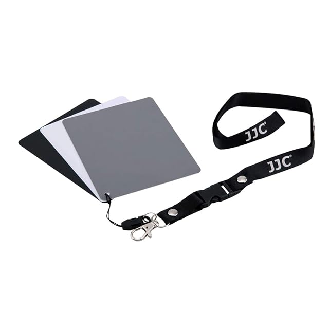 Set JJC di tre cartoncini in PVC grigio, bianco e nero con il loro cinturino a clip