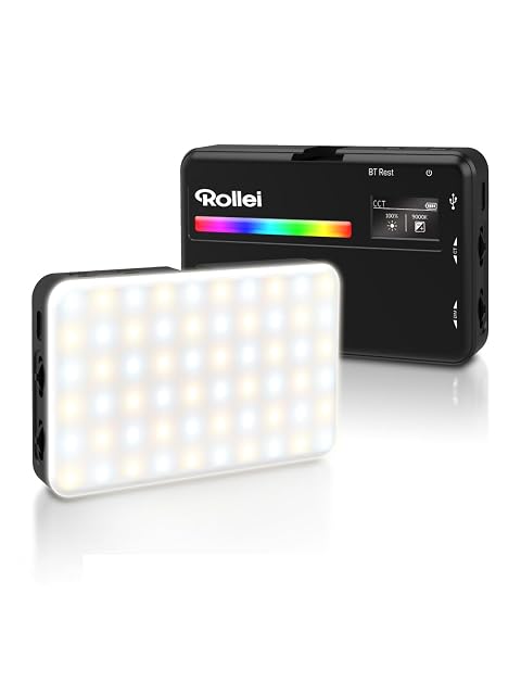 Pannello luminoso nero Rollei LUX Compact RGB, grande più o meno come uno smartphone, con schermo OLED