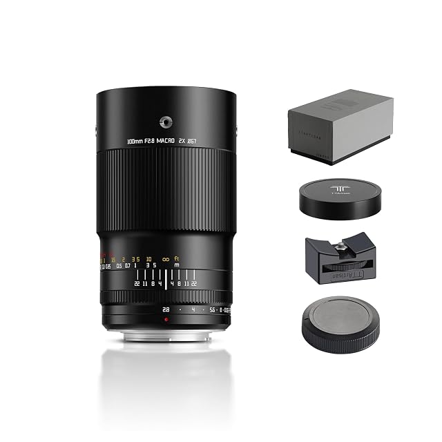 Obiettivo macro TTARTISAN 100mm 2X in metallo nero con punti di fissaggio a slitta fredda sul barilotto