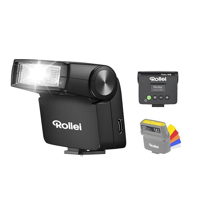Flash compatto Rollei Flashy ONE nero con un piccolo pannello LCD sul retro