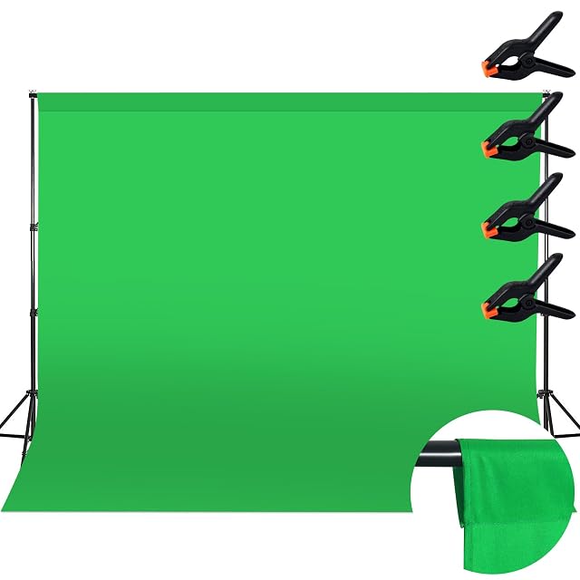 Tessuto green screen Wusboo appeso piatto con due dei suoi morsetti agli angoli superiori