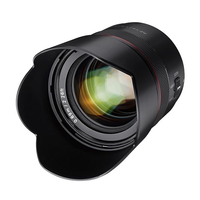 Obiettivo fisso da ritratto Samyang AF 75mm F1.8 nero con il selettore personalizzabile sul barilotto