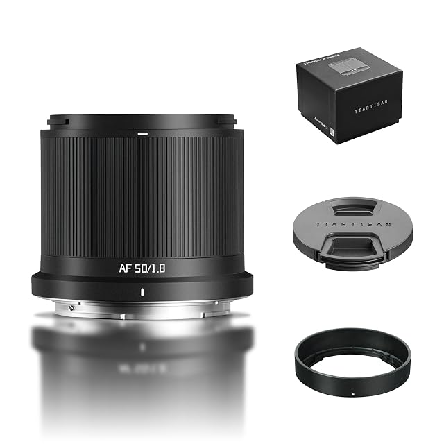 Obiettivo fisso TTARTISAN AF 50mm F1.8 Neo bianco, un barilotto liscio senza ghiera di messa a fuoco
