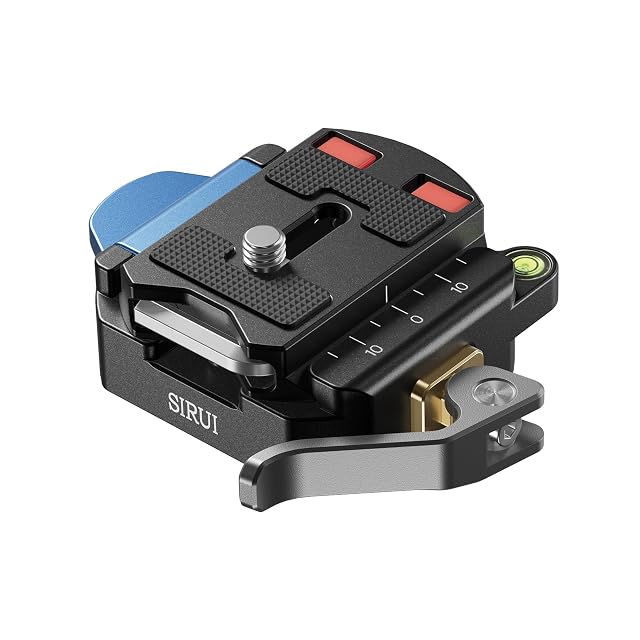 Piastra a sgancio rapido SIRUI QC-55 e la sua base a morsetto con livella a bolla