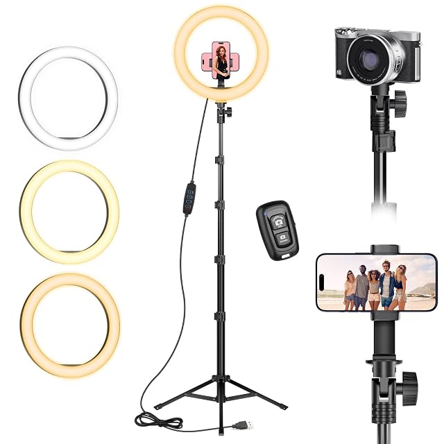 Luce ad anello AIXPI da 10 pollici su un alto stativo con supporto per smartphone a 360 gradi