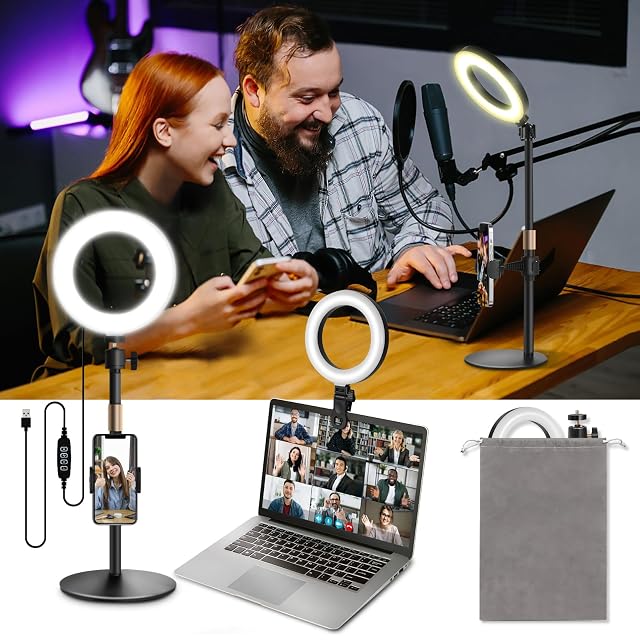 Luce ad anello Railee da 6 pollici su un supporto da tavolo zavorrato con il morsetto per monitor accanto