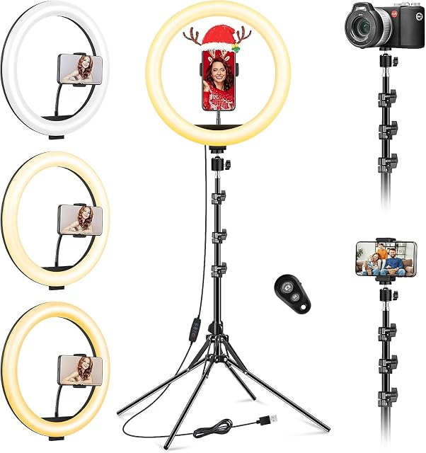 Luce ad anello VEVICE da 11,5 pollici su uno stativo in alluminio a quattro gambe con due supporti per smartphone