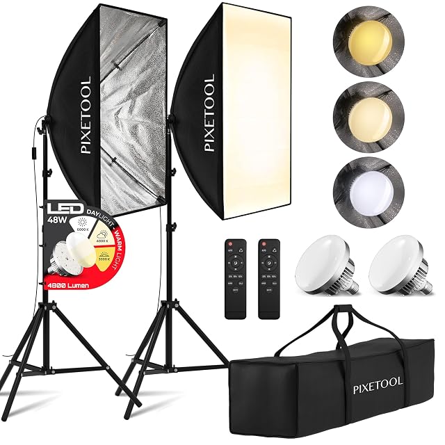 Kit softbox Pixetool con due box da 70 per 50 cm, lampade LED e telecomandi