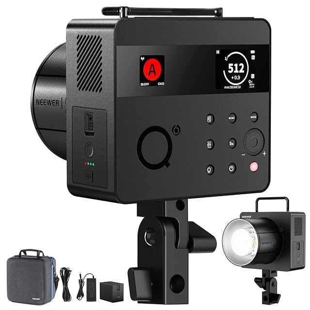 Flash da studio NEEWER Q6 con corpo quadrato, maniglia pieghevole e due display a colori