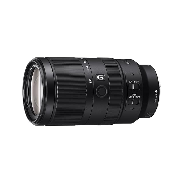 Super tele zoom Sony SEL70350G nero con il pulsante di blocco della messa a fuoco e il selettore di modalità