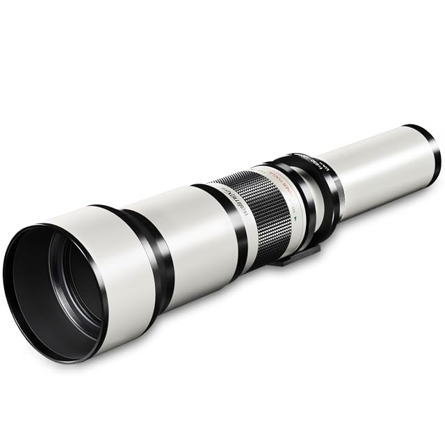 Teleobiettivo Walimex pro 650-1300mm, lungo barilotto in metallo nero con il paraluce esteso