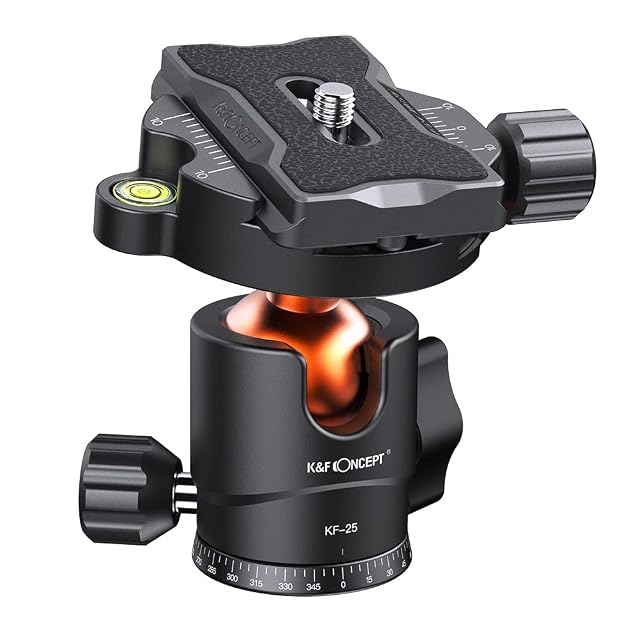Testa a sfera K&F Concept KF-25 nera con le sue tre manopole di comando e la livella a bolla