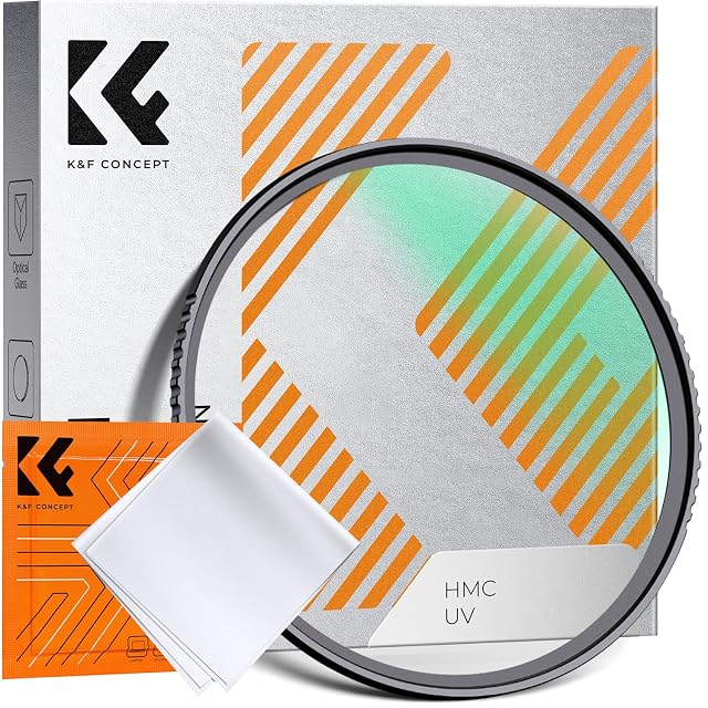 Filtro UV K&F Concept da 67 mm con il suo rivestimento dai riflessi verdi che cattura la luce