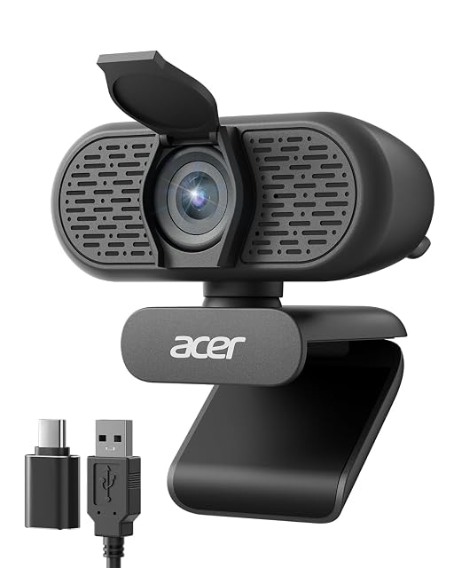 Webcam Acer WBC-0H01 nera con copertura per la privacy ribaltabile montata sul coperchio di un portatile