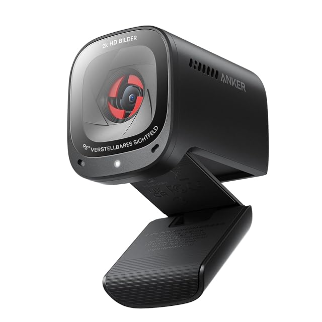 Webcam Anker PowerConf C200 nera con copertura per la privacy scorrevole su un morsetto per monitor