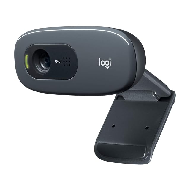 Piccola webcam Logitech C270 nera fissata sopra un monitor